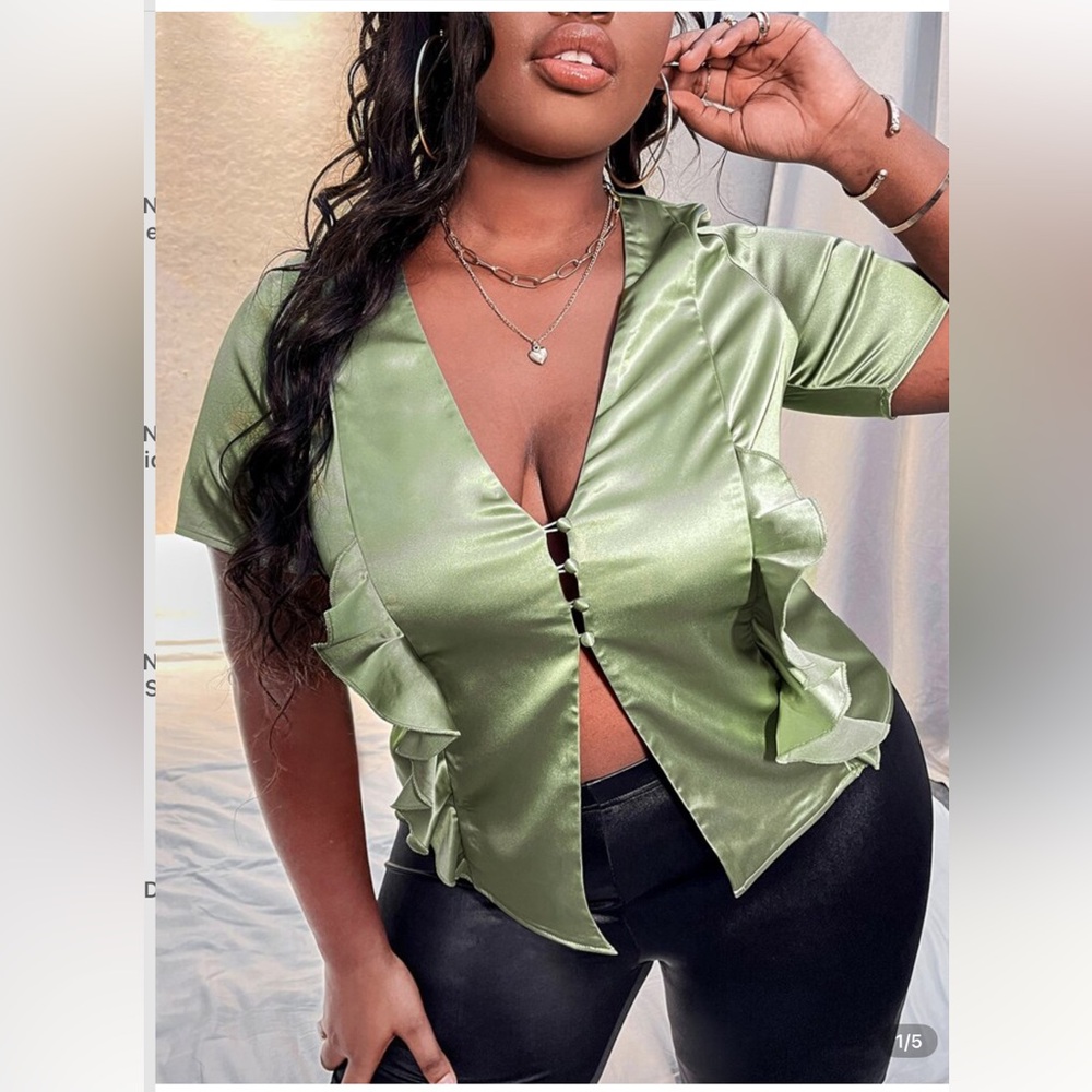 SHEIN Green Ruffled Cut-Out Blouse*small stain*